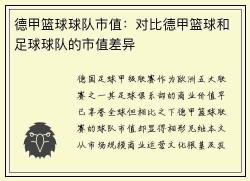 德甲篮球球队市值：对比德甲篮球和足球球队的市值差异